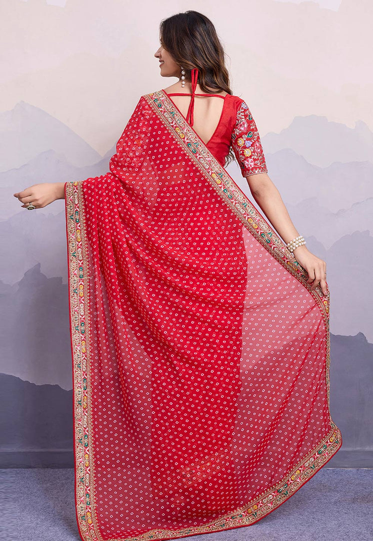 Red Georgette Bandhani Print Saree