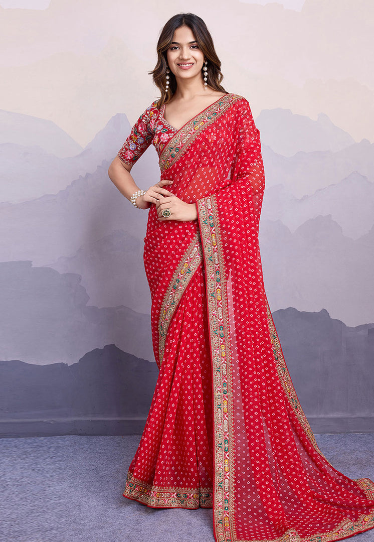 Red Georgette Bandhani Print Saree