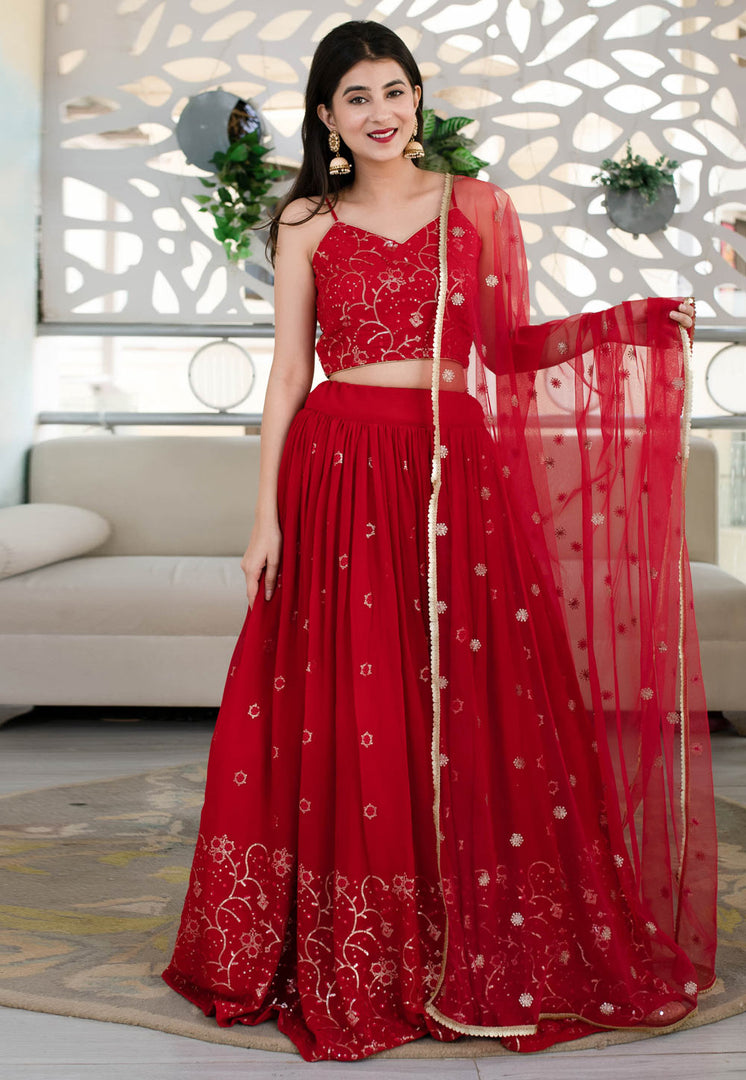 Red Georgette Circular Lehenga Choli