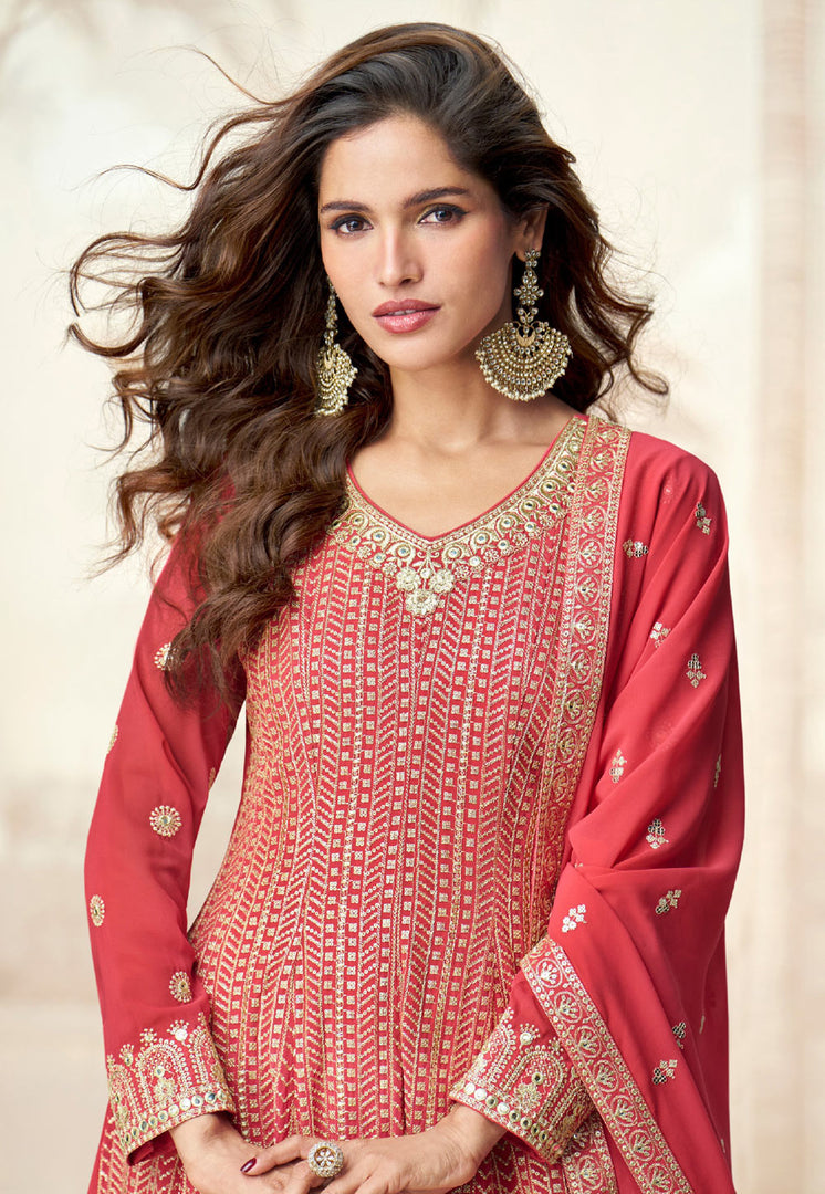 Red Georgette Embroidered Palazzo Suit