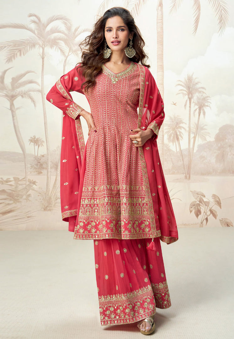 Red Georgette Embroidered Palazzo Suit