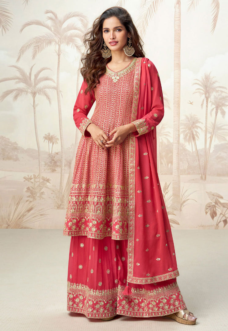 Red Georgette Embroidered Palazzo Suit