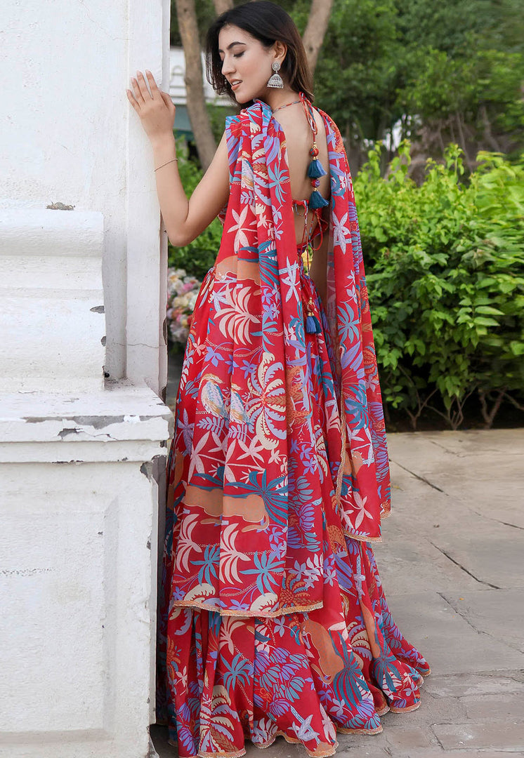 Red Georgette Floral print Lehenga choli