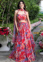 Load image into Gallery viewer, Red Georgette Floral print Lehenga choli
