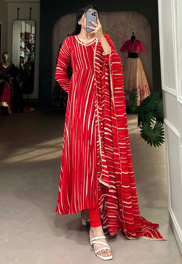 Red Georgette Readymade Long Anarkali Suit