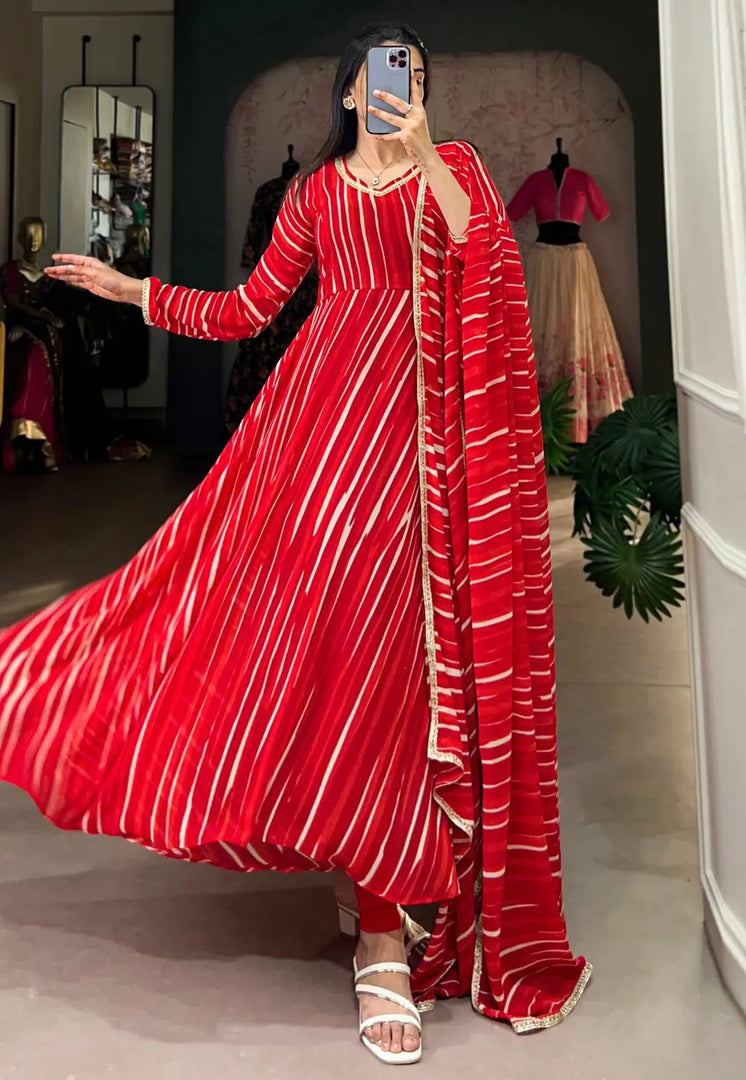 Red Georgette Readymade Long Anarkali Suit