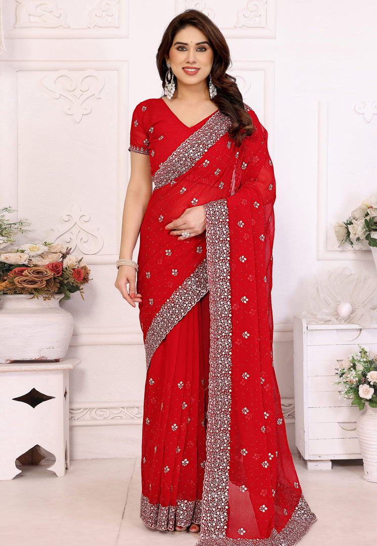 Red Georgette Saree With Blouse