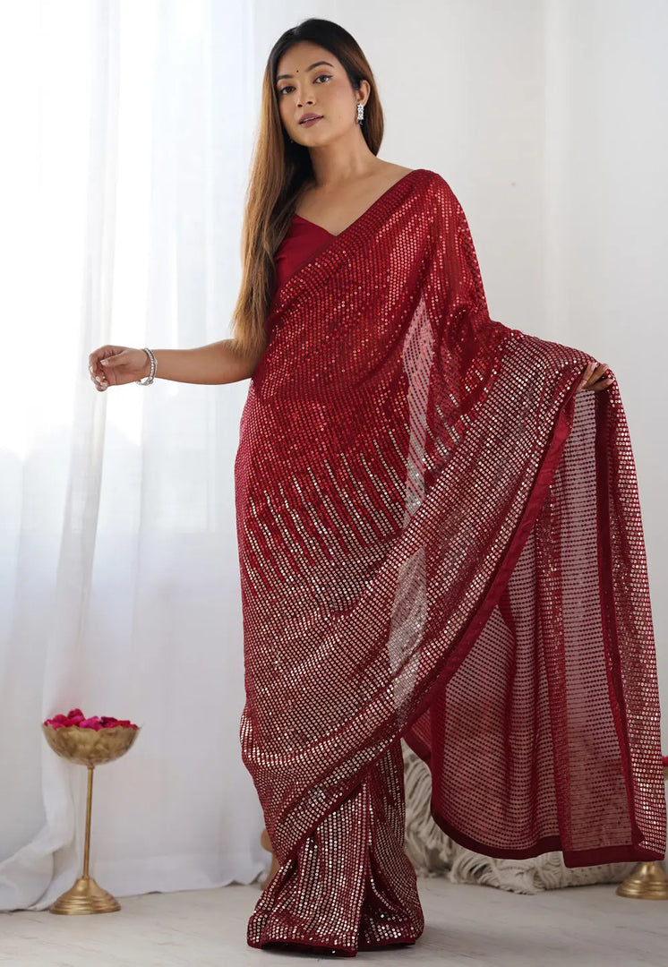 Red Georgette Sequence Saree