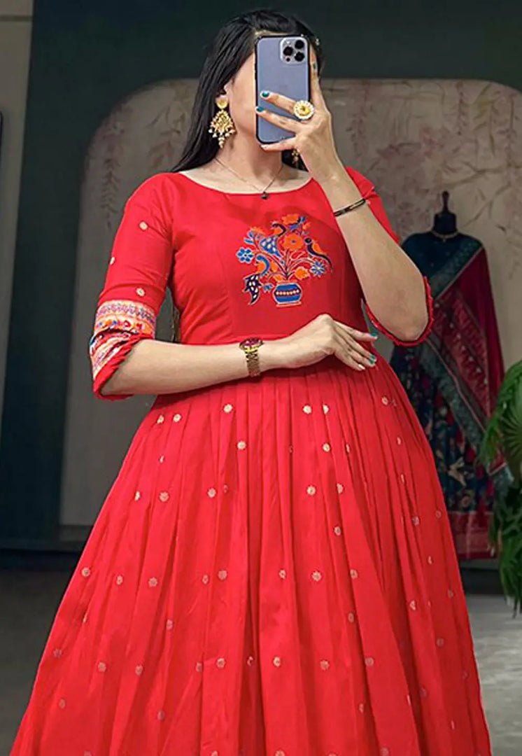 Red Jacquard Silk Gown