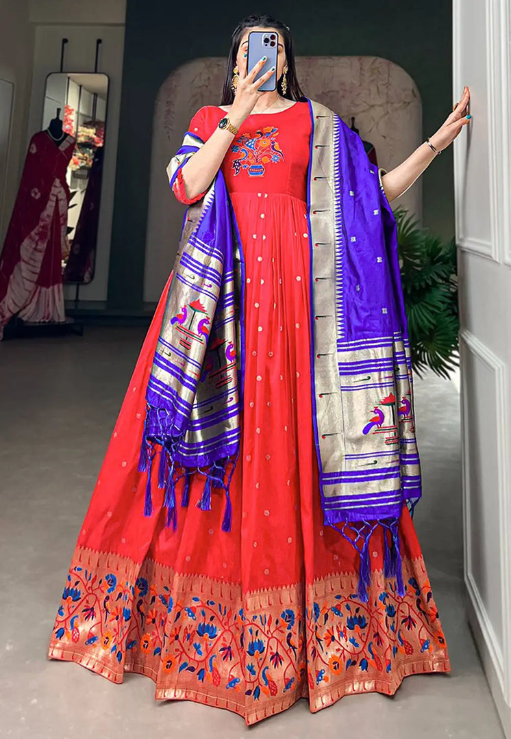 Red Jacquard Silk Readymade Anarkali Suit