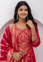 Load image into Gallery viewer, Red Jacquard Silk Readymade Pant Style Suit
