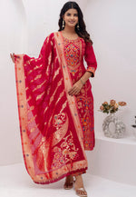 Load image into Gallery viewer, Red Jacquard Silk Readymade Pant Style Suit
