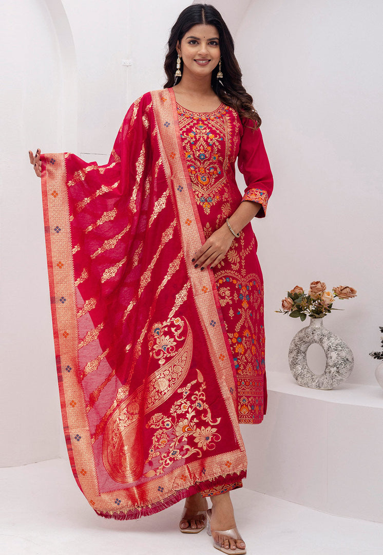 Red Jacquard Silk Readymade Pant Style Suit