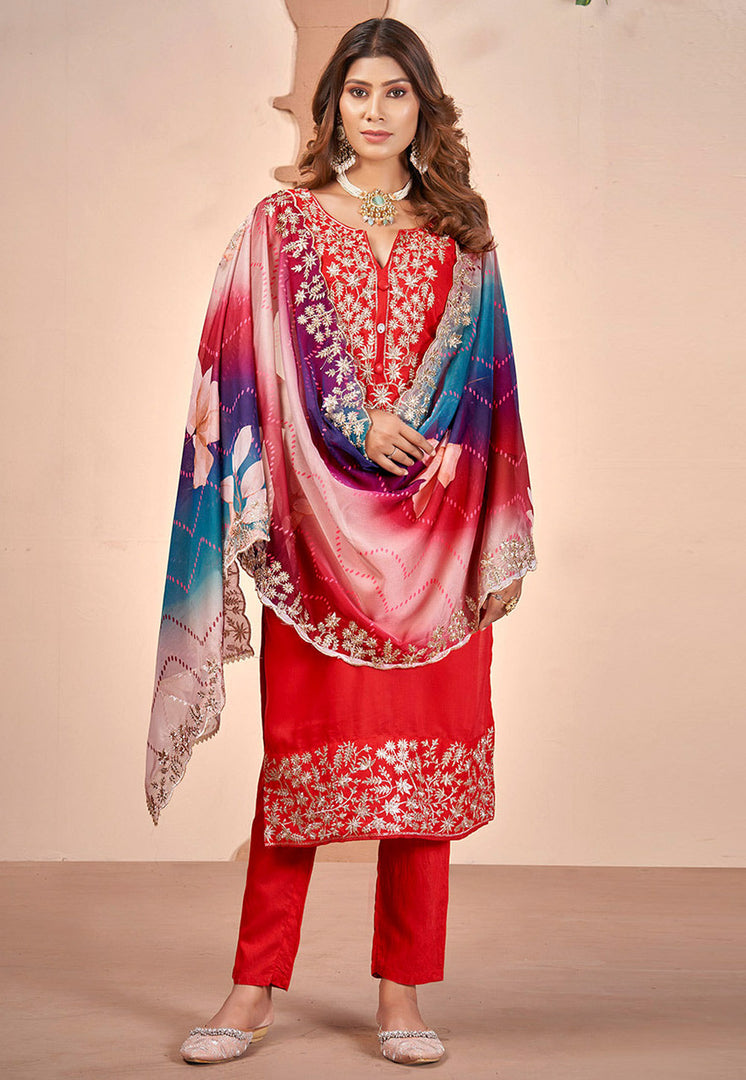 Red Muslin Pant Style Suit