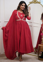 Load image into Gallery viewer, Red Muslin Readymade Pant Style Suit
