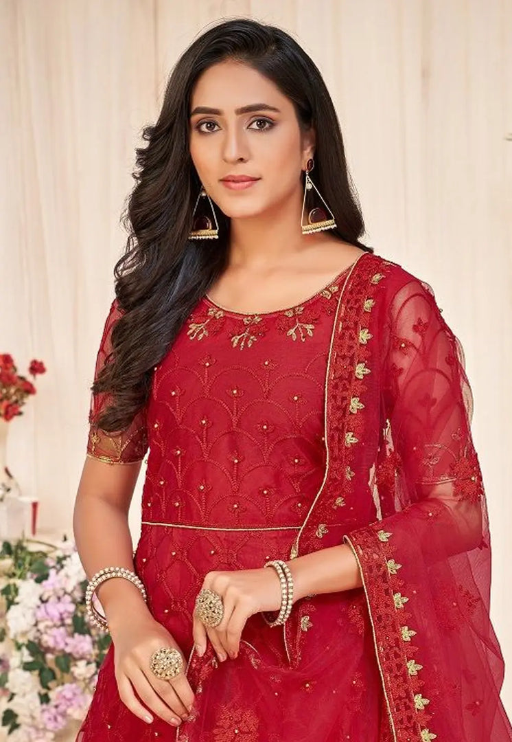 Red Net Anarkali Suit