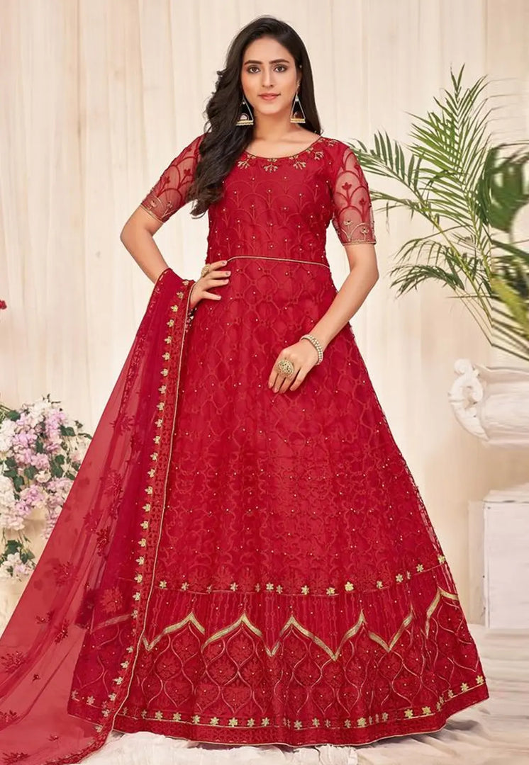 Red Net Anarkali Suit