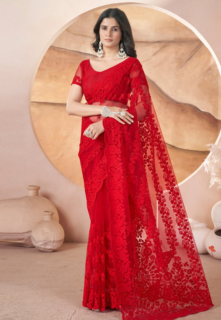 Red Net Saree With Blouse