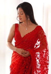 Red Net Saree With Blouse