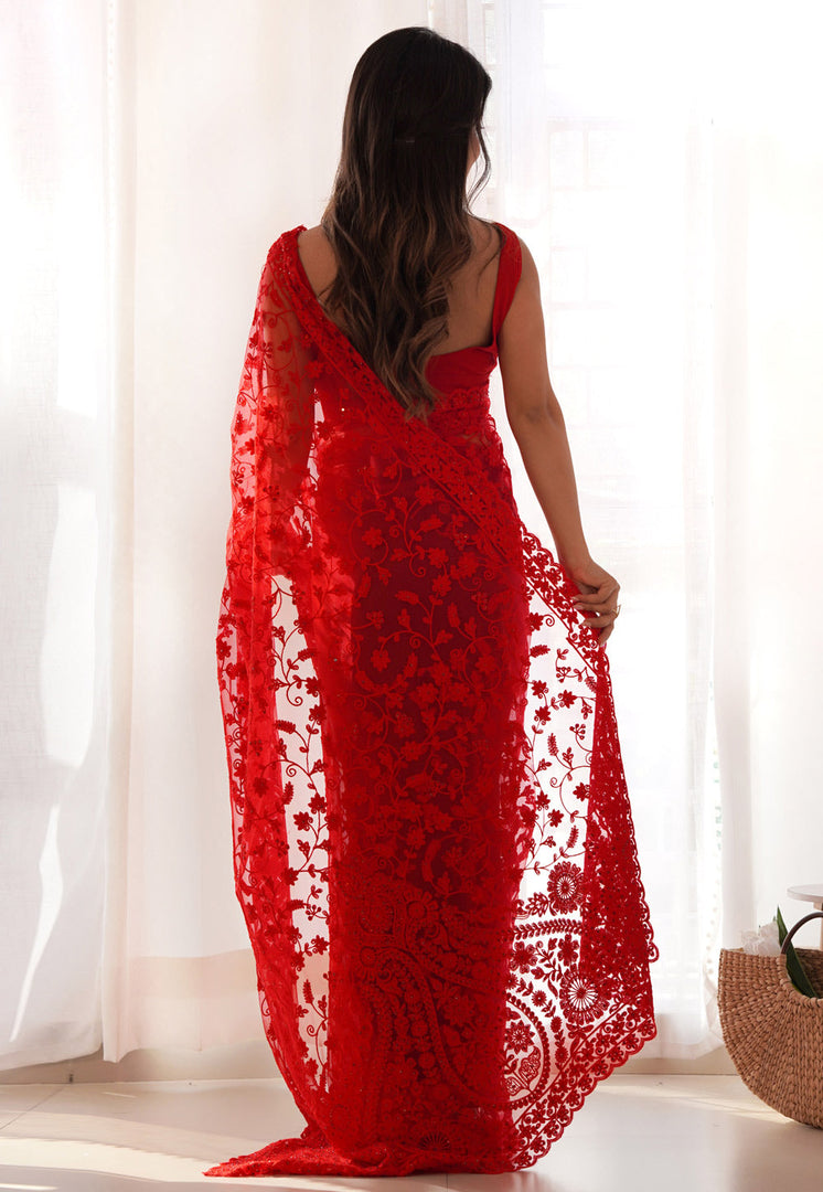 Red Net Saree With Blouse