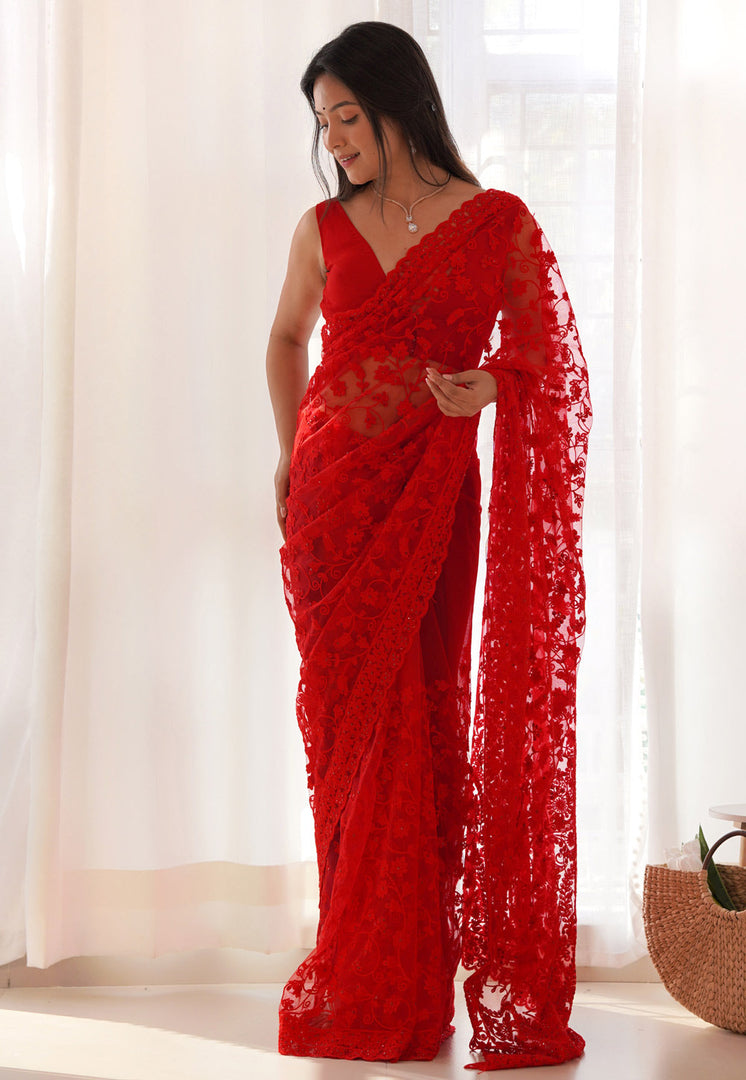 Red Net Saree With Blouse