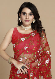 Red Net Saree With Blouse