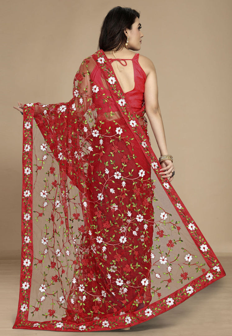 Red Net Saree With Blouse