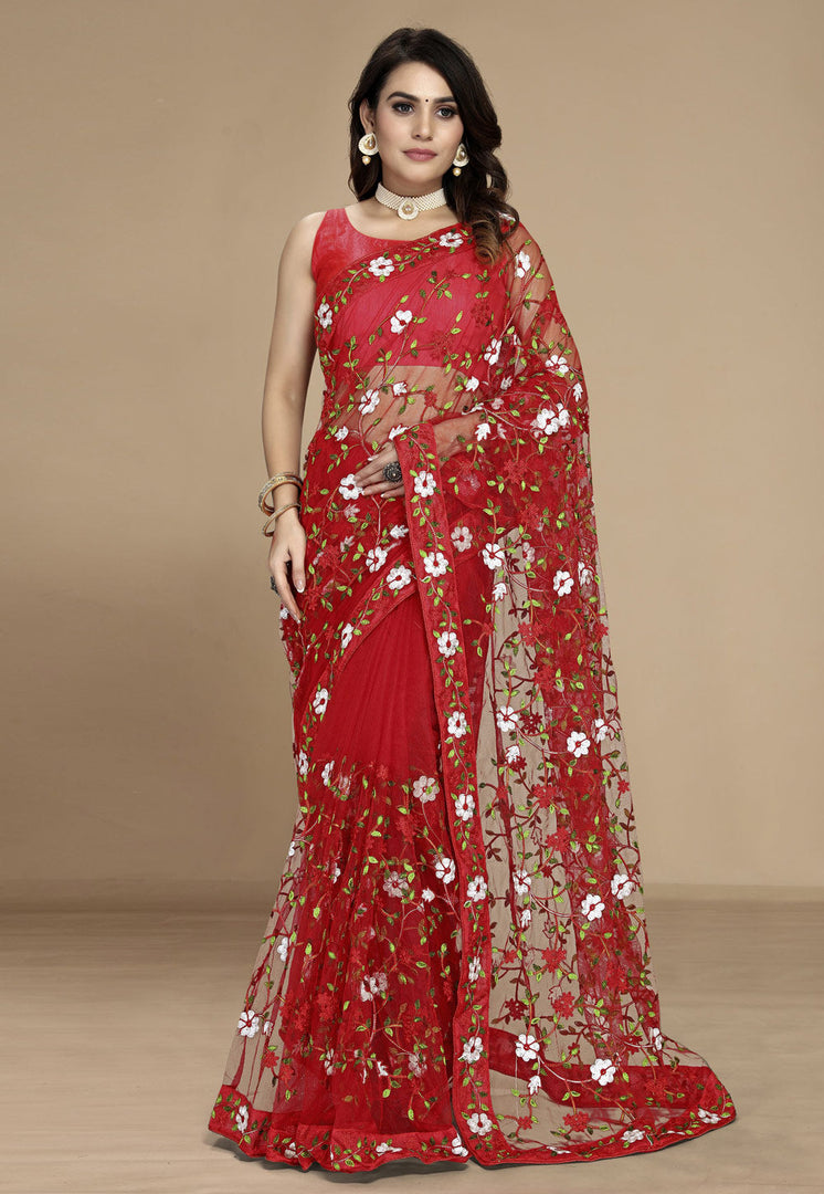 Red Net Saree With Blouse
