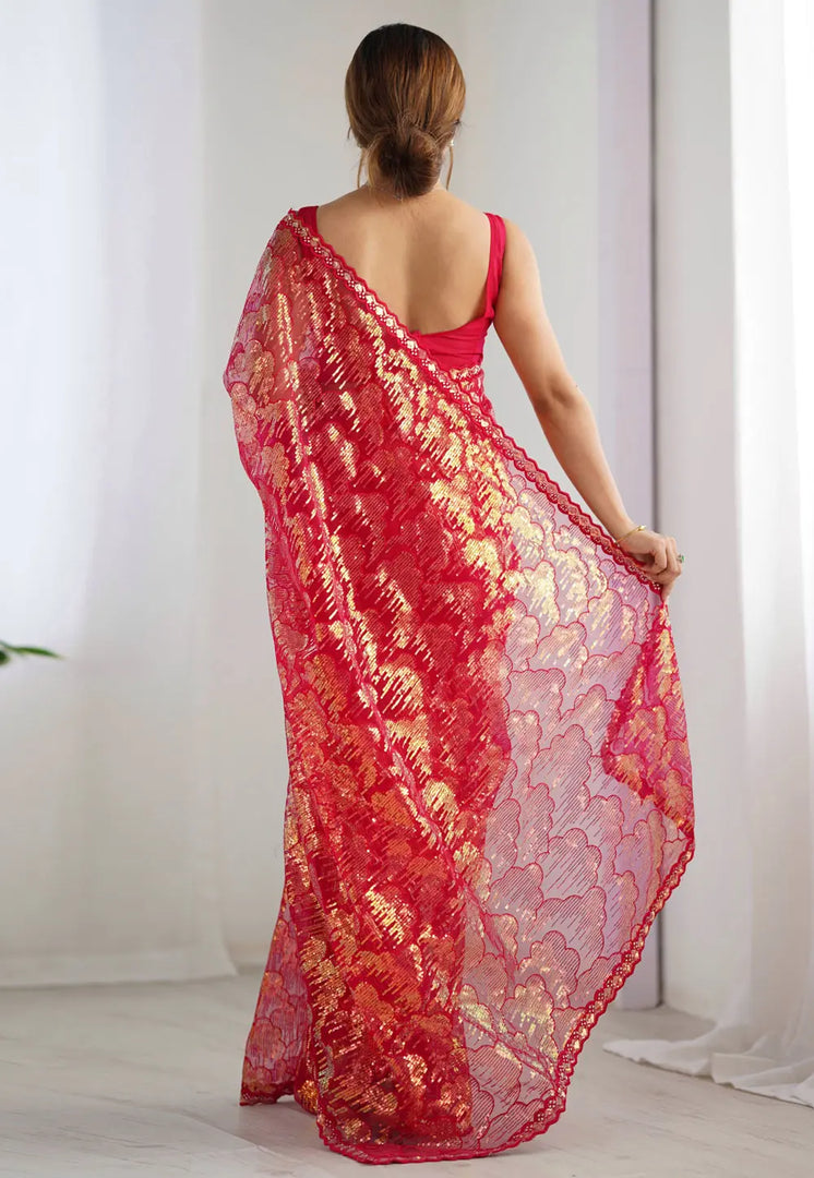 Red Net Sequence Saree