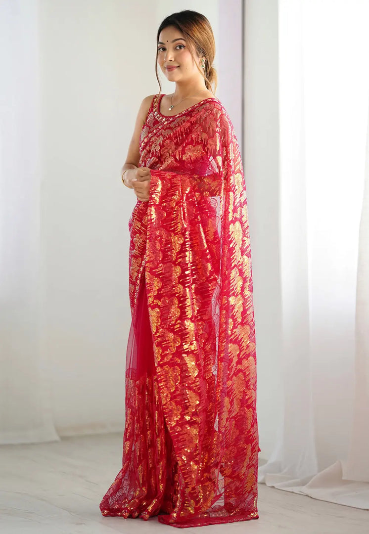 Red Net Sequence Saree