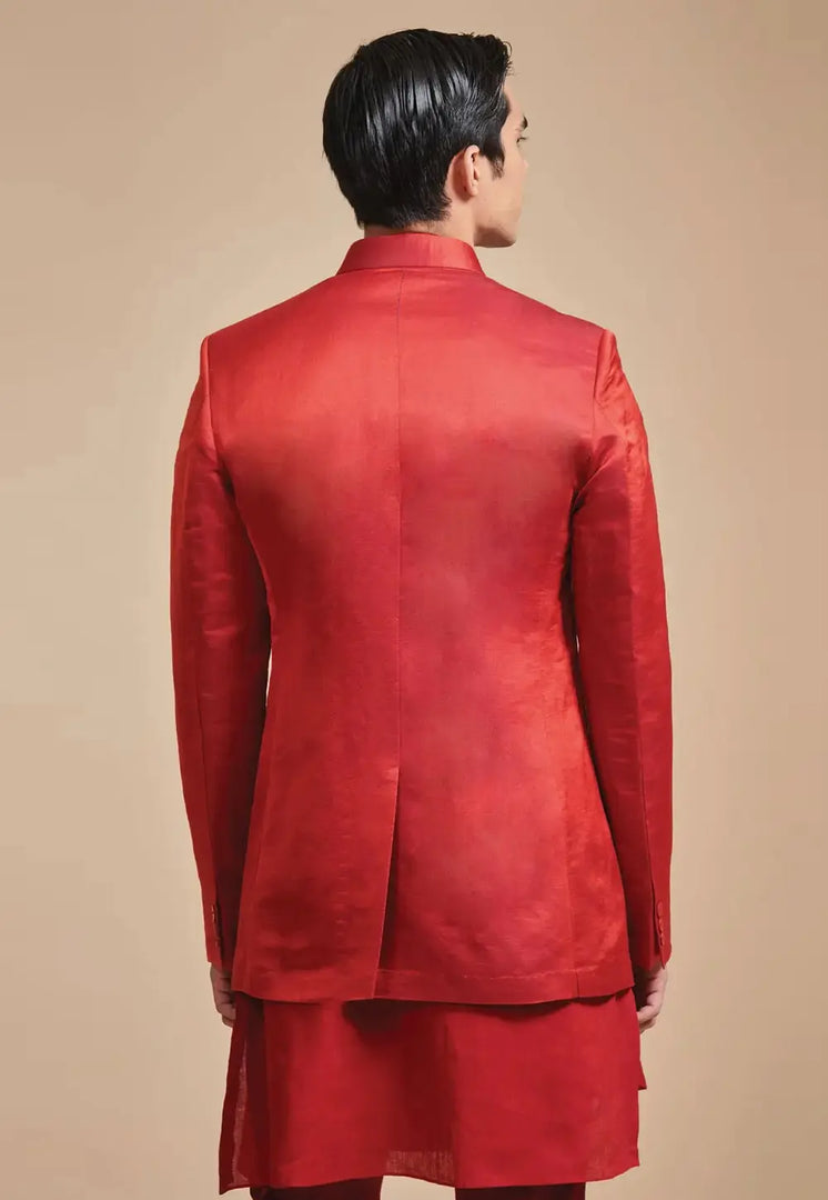Red Rayon Kurta Pajama With Jacket