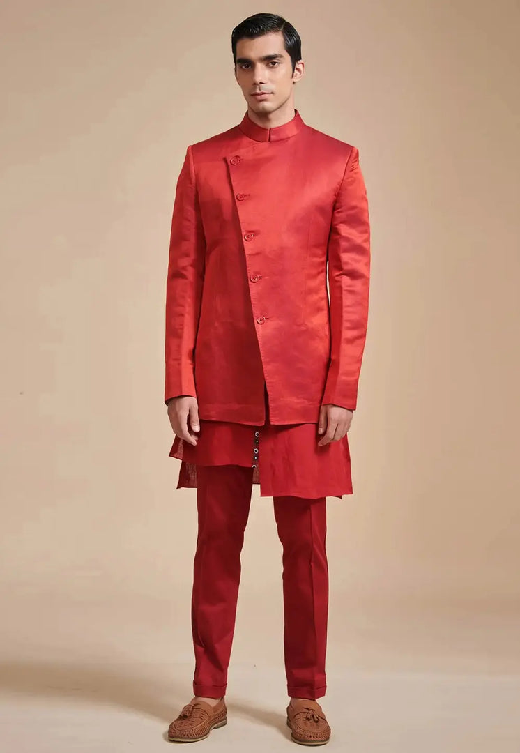 Red Rayon Kurta Pajama With Jacket
