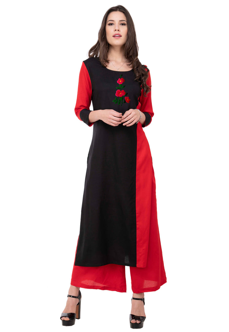 Red Rayon Kurta Set With Palazzo