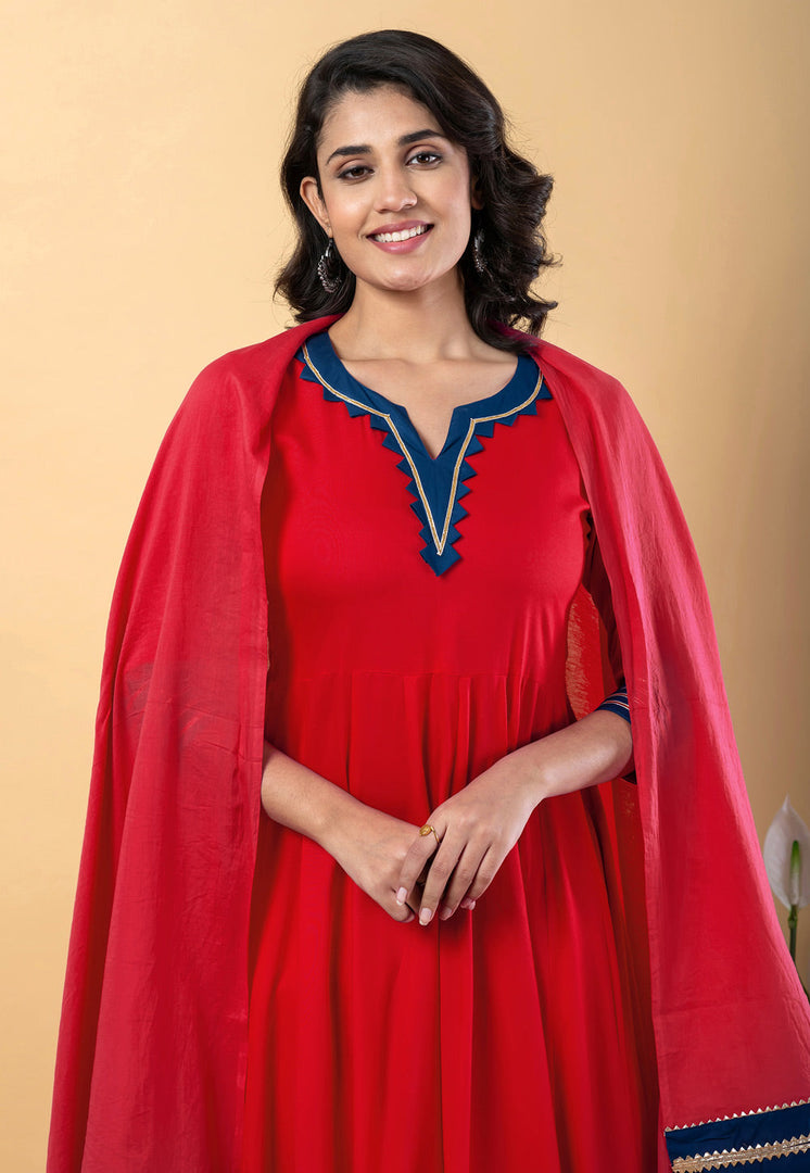 Red Rayon Readymade Anarkali Suit