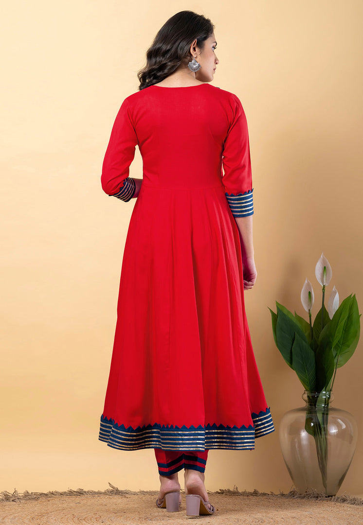 Red Rayon Readymade Anarkali Suit