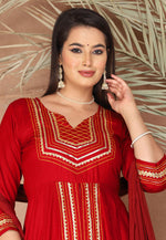 Load image into Gallery viewer, Red Rayon Readymade Anarkali Suit
