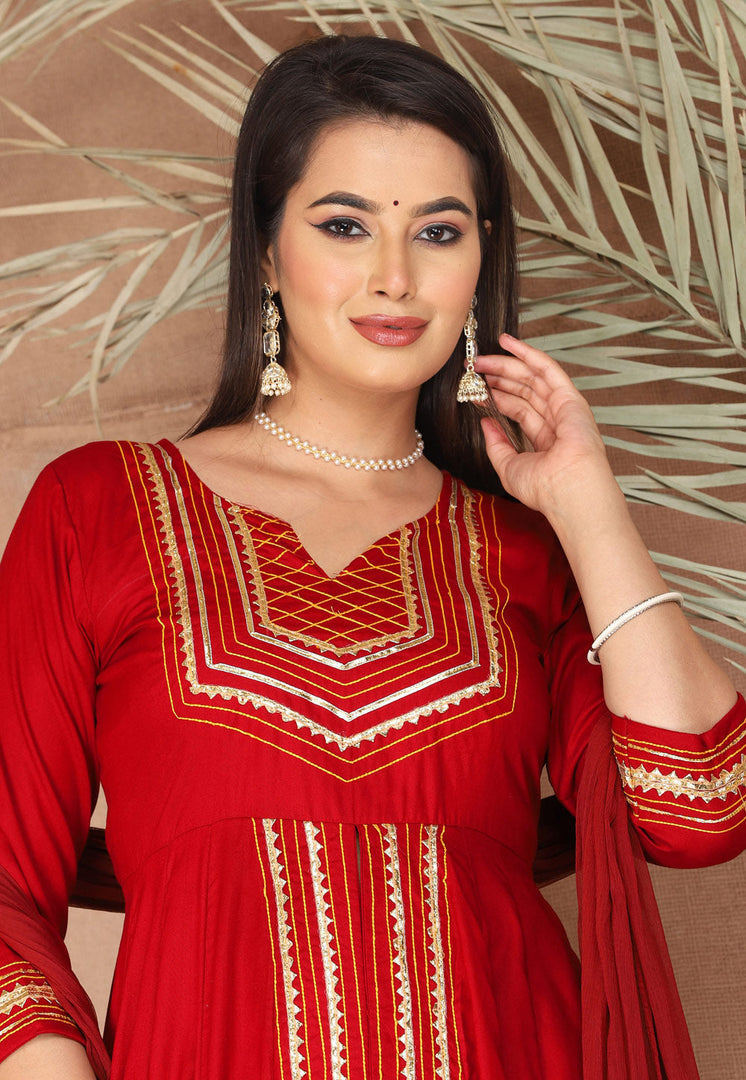 Red Rayon Readymade Anarkali Suit