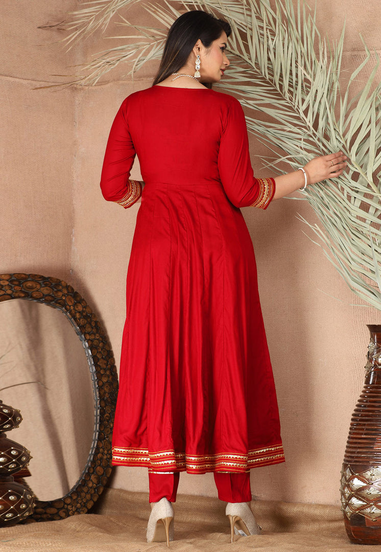 Red Rayon Readymade Anarkali Suit