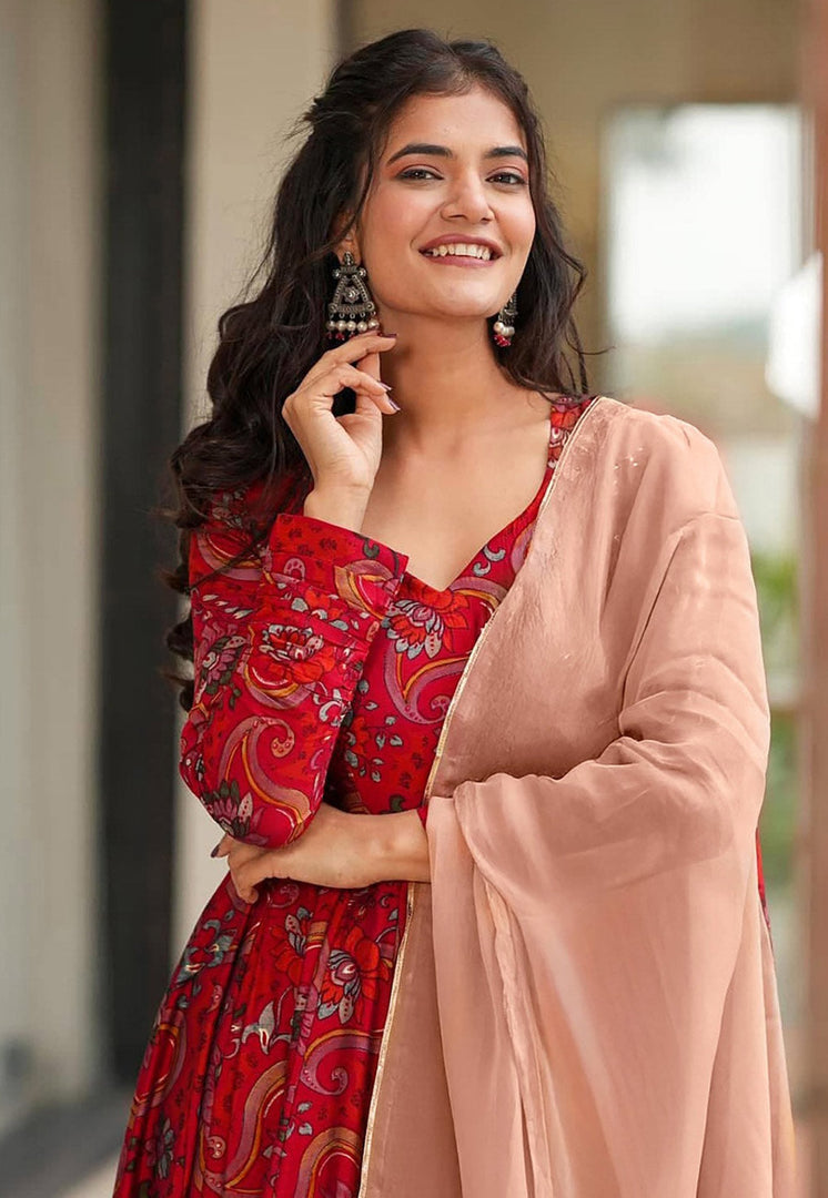 Red Rayon Readymade Long Anarkali Suit