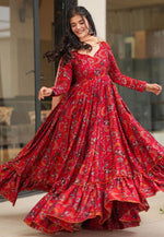 Load image into Gallery viewer, Red Rayon Readymade Long Anarkali Suit
