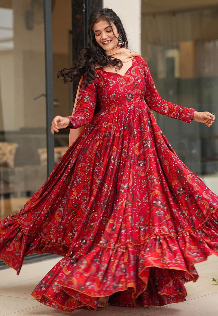 Red Rayon Readymade Long Anarkali Suit