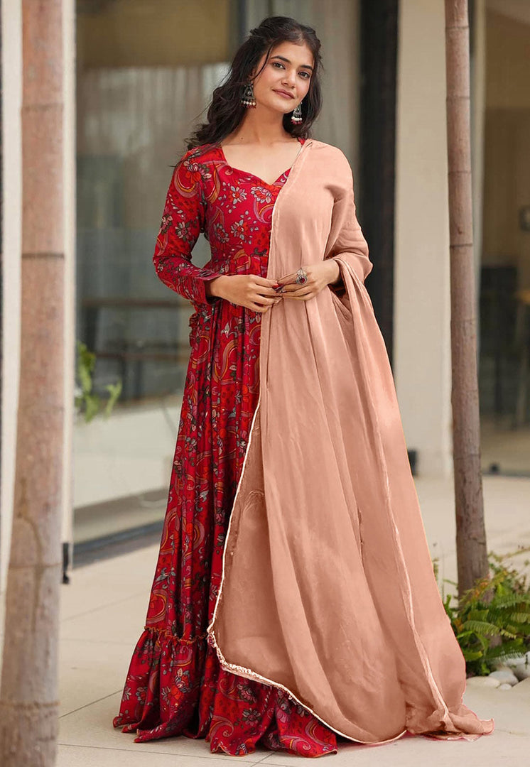 Red Rayon Readymade Long Anarkali Suit