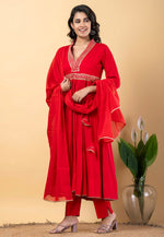 Load image into Gallery viewer, Red Rayon Readymade Long Anarkali Suit
