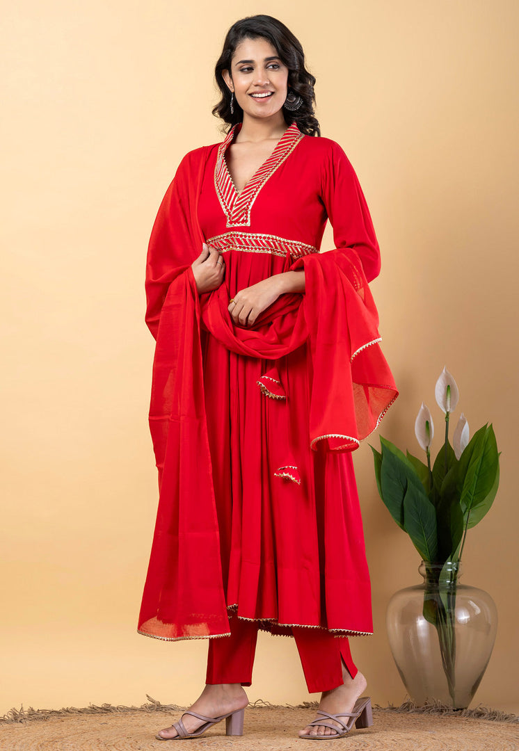 Red Rayon Readymade Long Anarkali Suit
