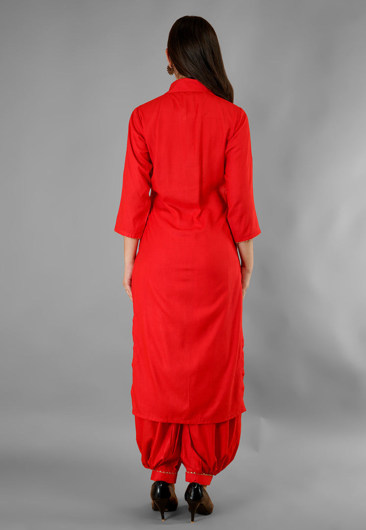 Red Rayon Readymade Patiala Suit