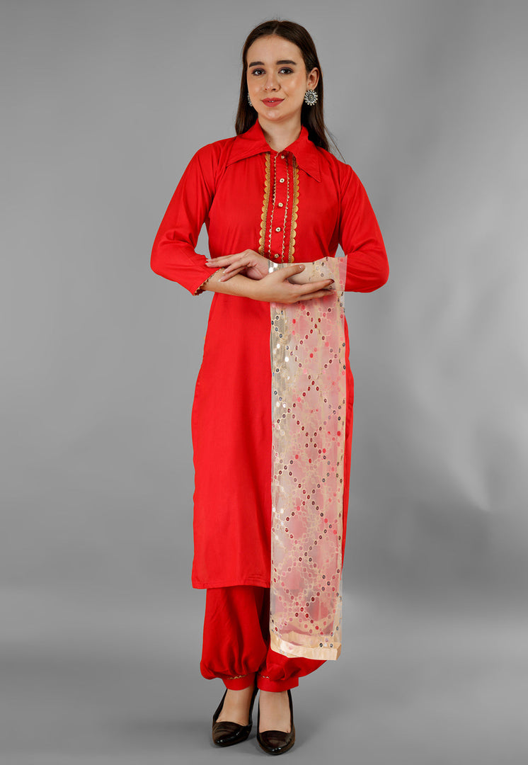 Red Rayon Readymade Patiala Suit