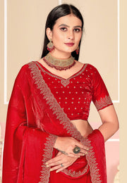 Red Satin Silk Saree With Blouse