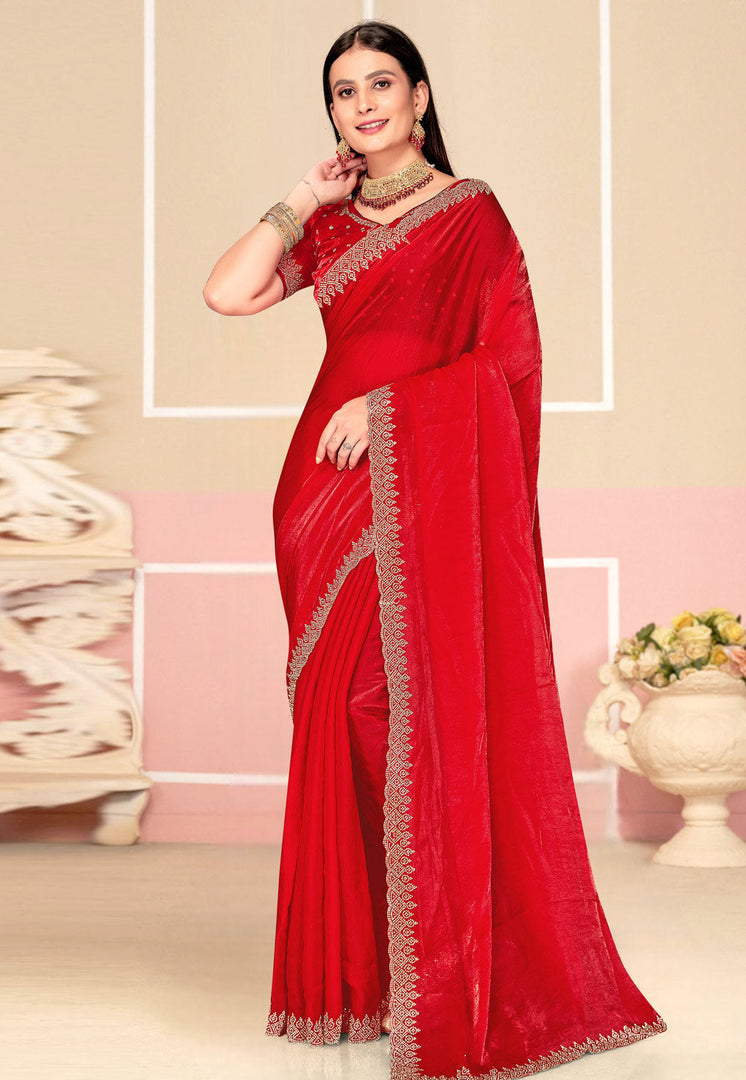 Red Satin Silk Saree With Blouse
