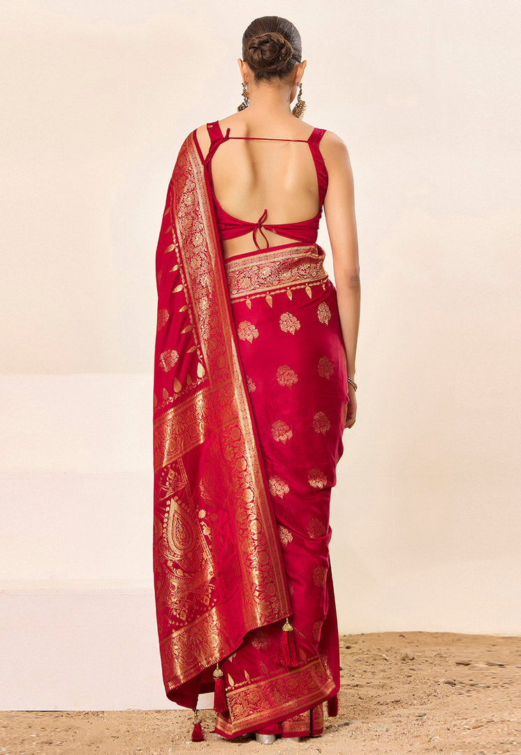 Red Satin Silk Saree With Blouse
