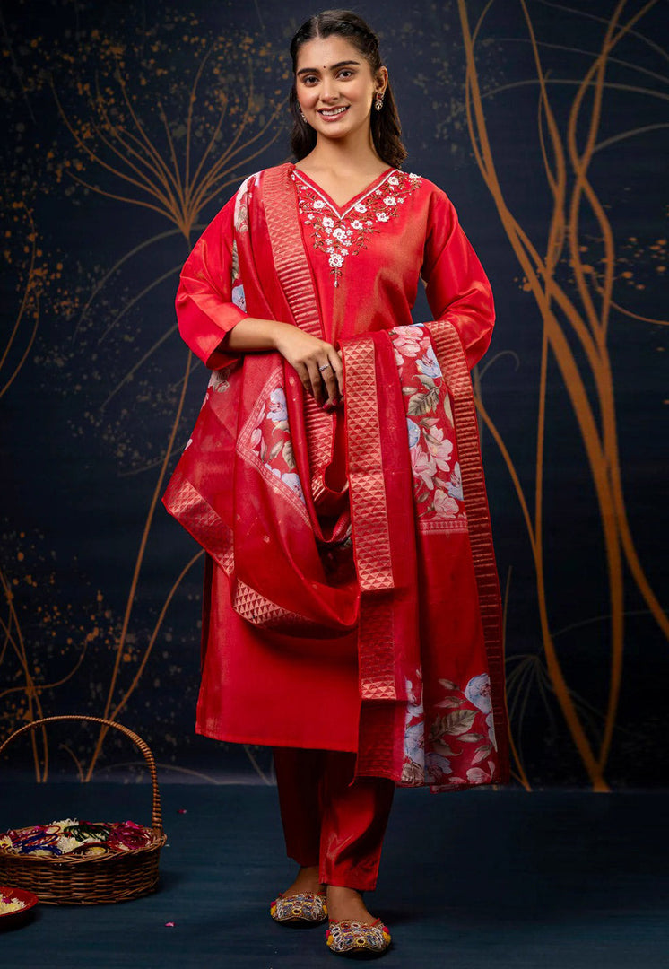 Red Shimmer Readymade Pakistani Suit